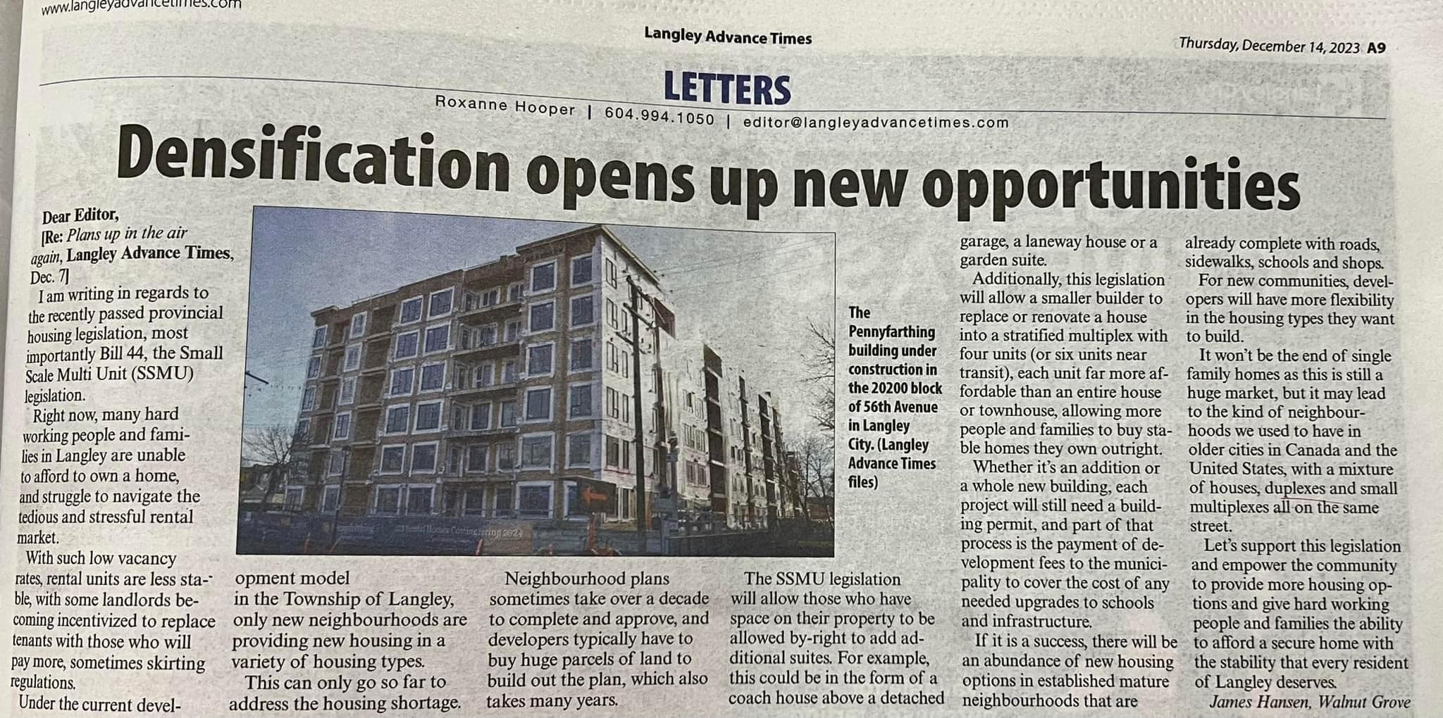 December 2023 letter to editor supporting Small Scale Multi Unit Housing legislation