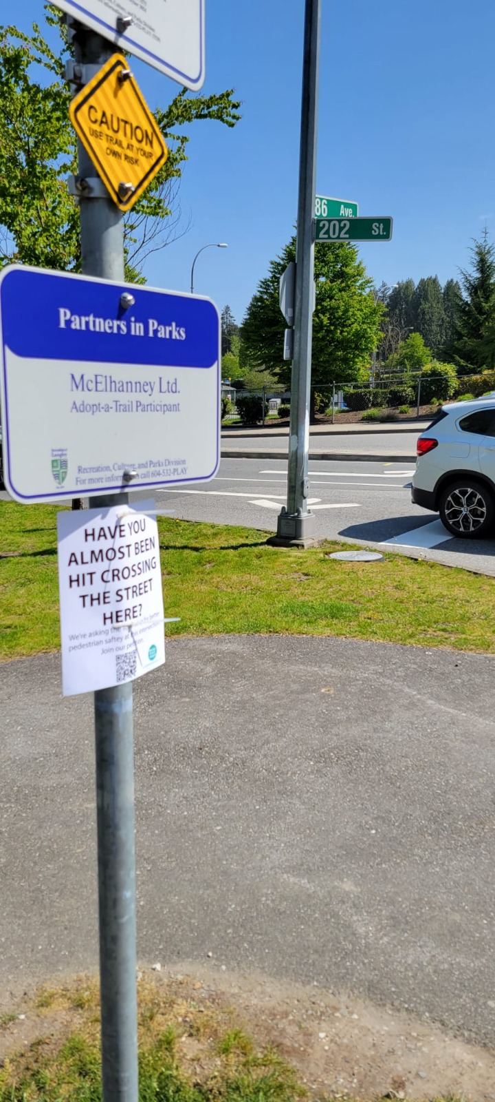 Strong Towns Langley safety petition poster at 202 Street and 86 Avenue