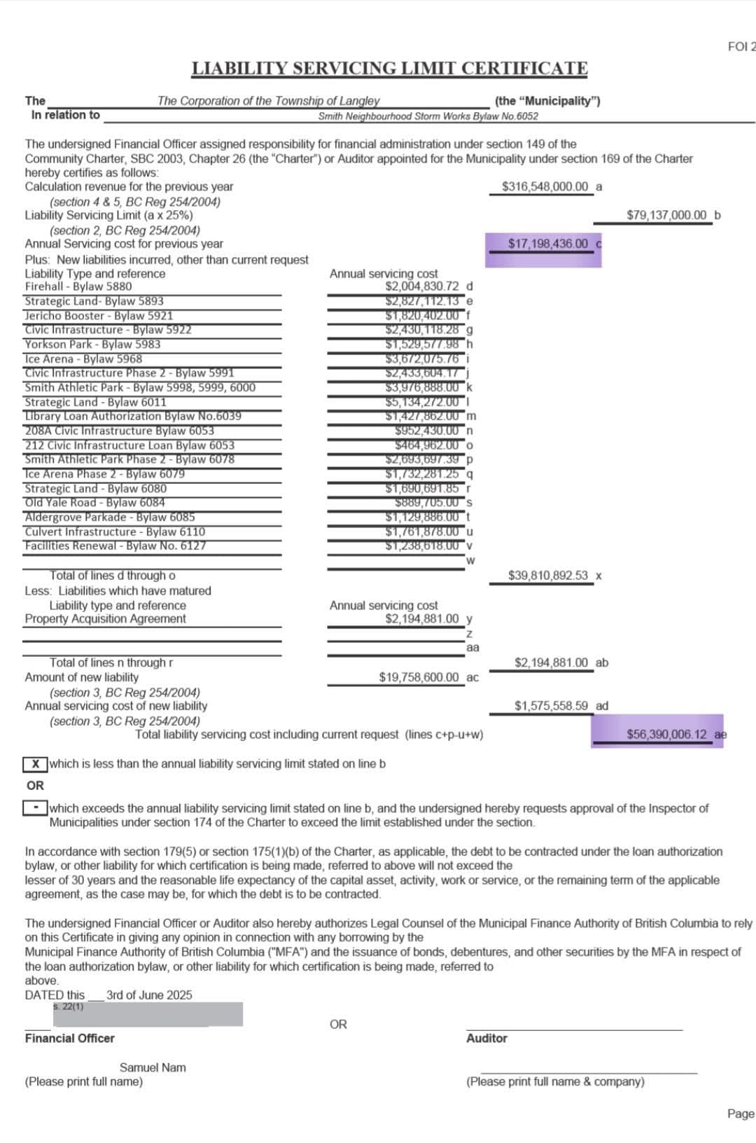 Liability Servicing Limit Certificate, June 2025