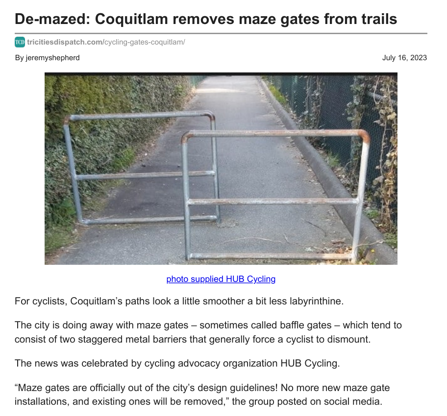 News article - Coquitlam Eliminates Maze Gates from Trail Network