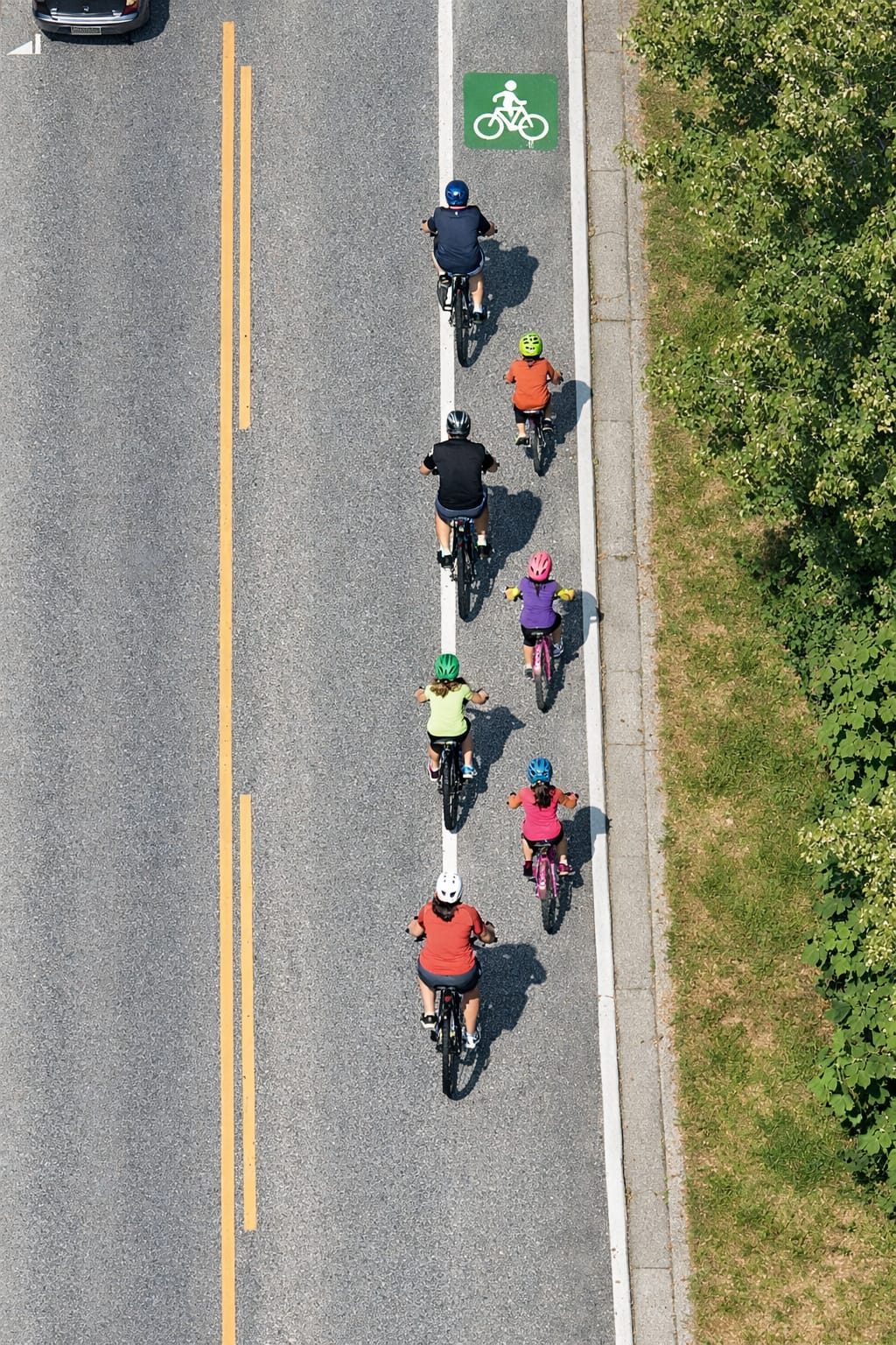 A group bike ride seen from above